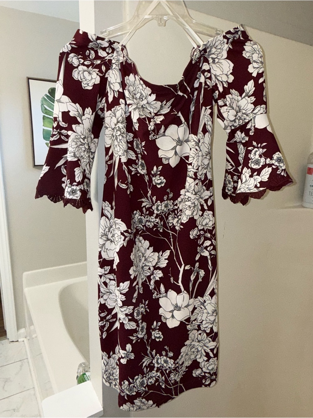 Floral Bell-Sleeve Midi Dress in Burgundy by